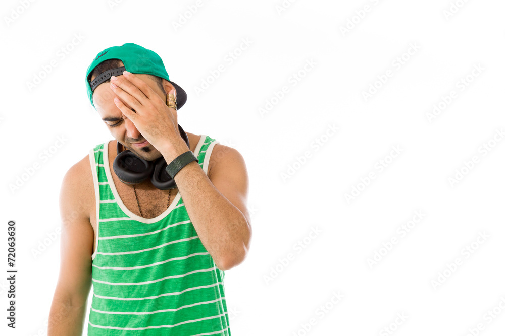 model isolated on plain background confused headache model isolated on plain background confused headache