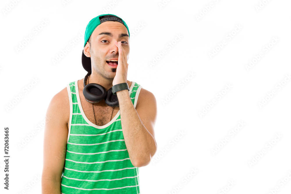 model isolated on plain background calling shouting model isolated on plain background calling shouting