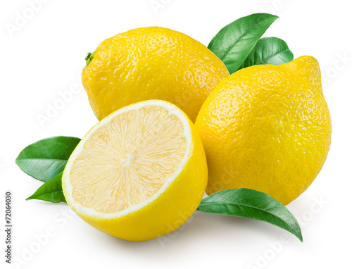 Lemon. Fruit with leaves on a white background.