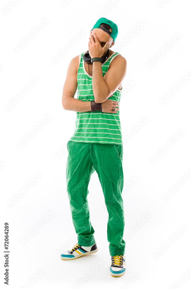 model isolated on plain background ashamed hiding face in hand model isolated on plain background ashamed hiding face in hand