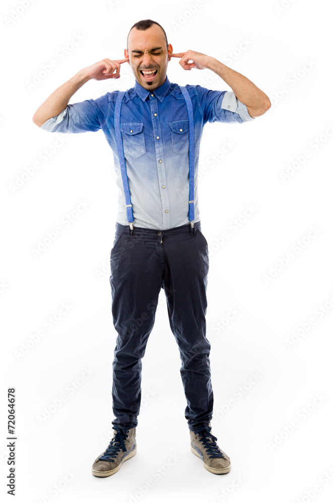 model isolated on plain background plugging ears with fingers model isolated on plain background plugging ears with fingers