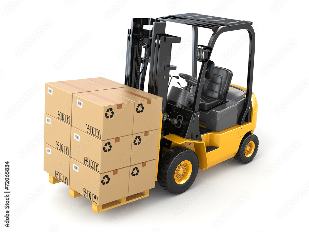 Forklift truck with boxes on pallet. Cargo. Forklift truck with boxes on pallet. Cargo.
