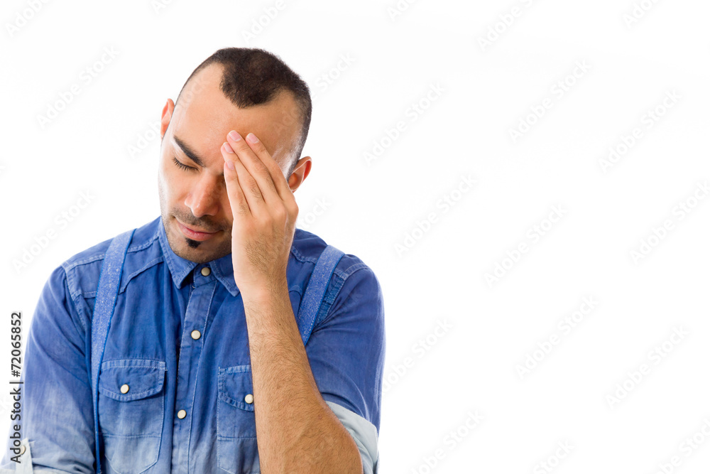 model isolated on plain background confused headache model isolated on plain background confused headache