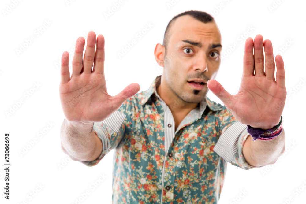 model isolated on plain background stop sign with hands model isolated on plain background stop sign with hands