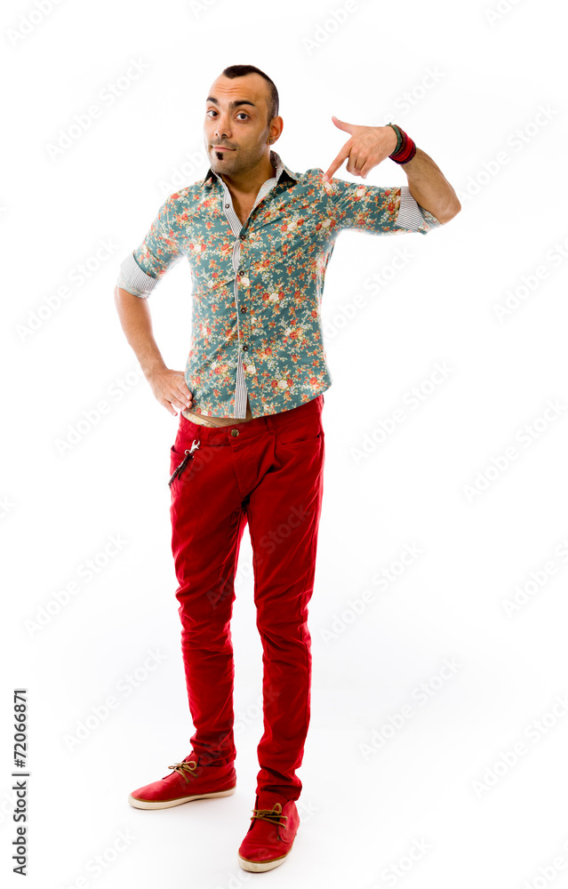 model isolated on plain background pointing to herself model isolated on plain background pointing to herself