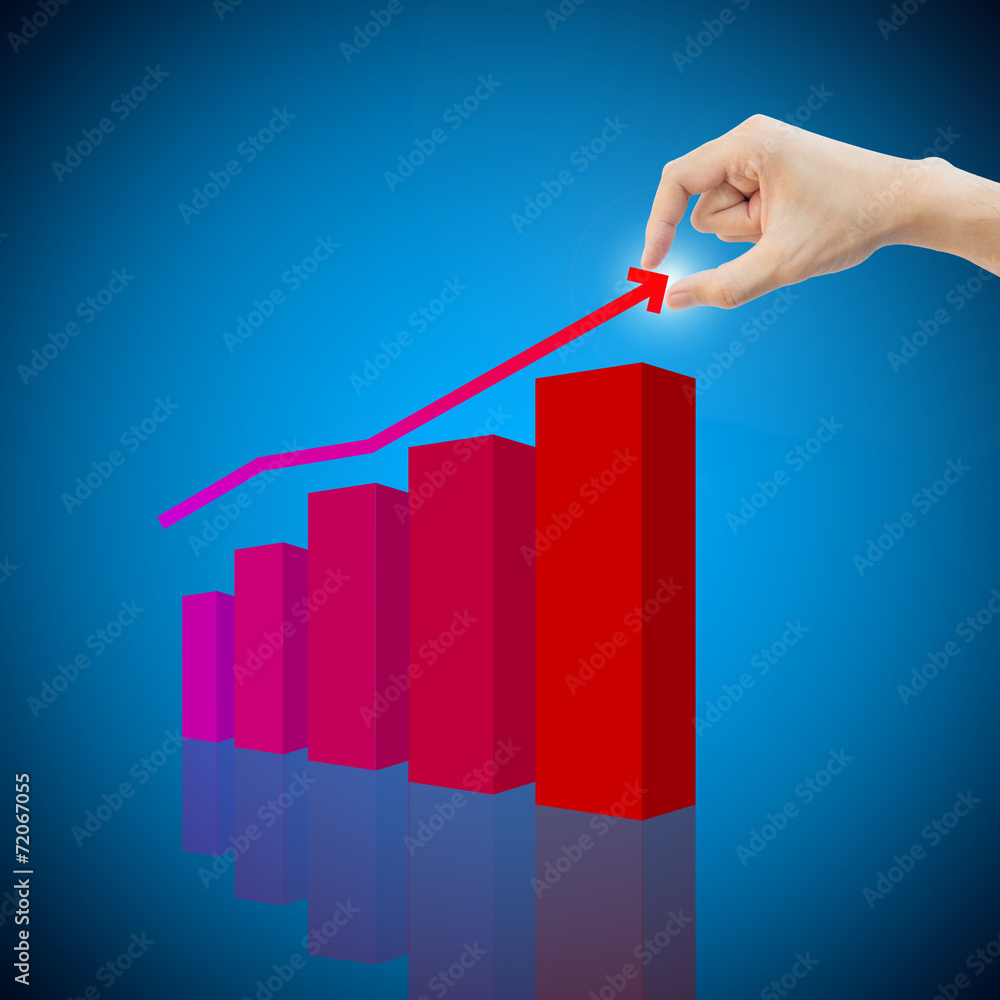 Human hand take profit income concept with graph on blue backgro Human hand take profit income concept with graph on blue backgro