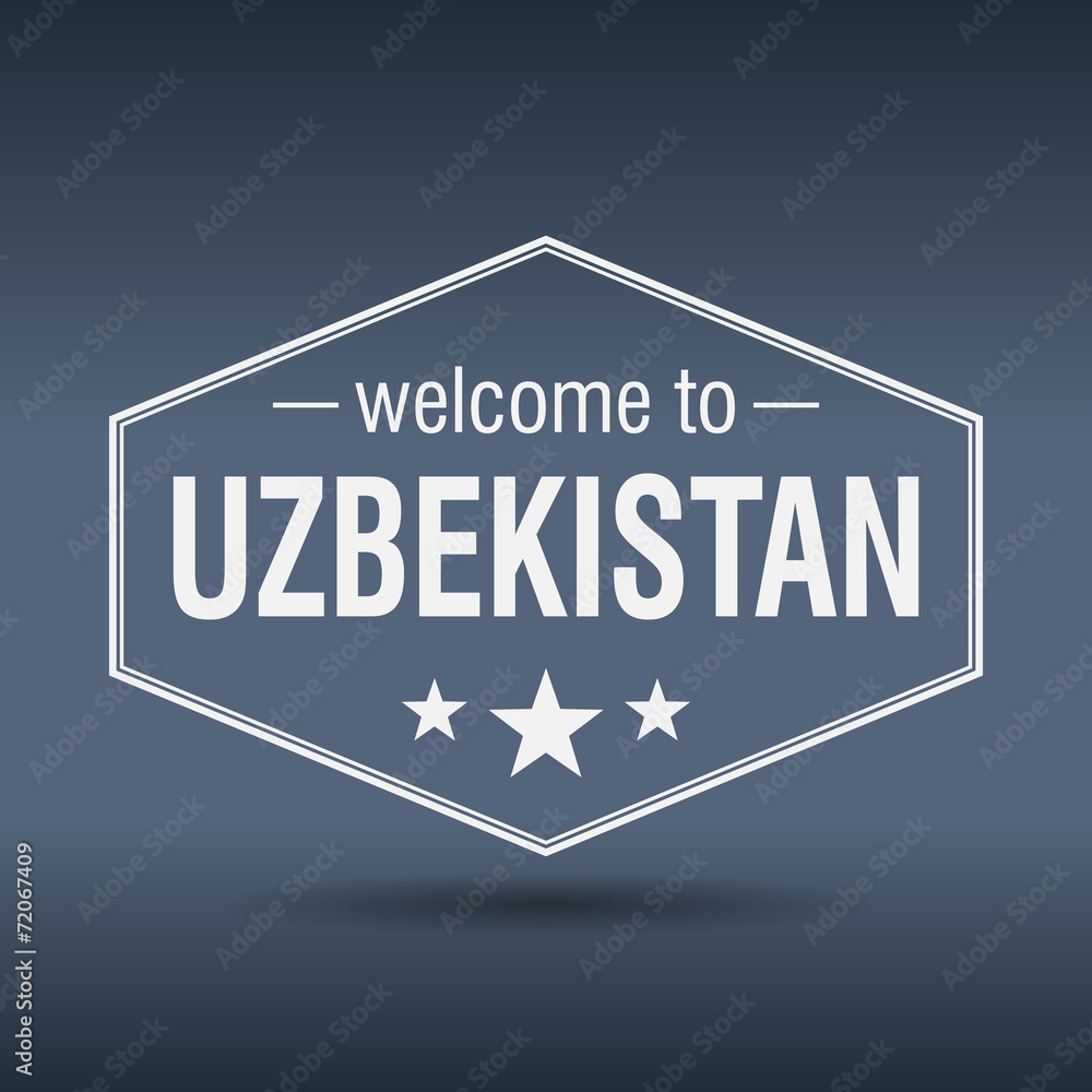 welcome to Uzbekistan hexagonal white vintage label