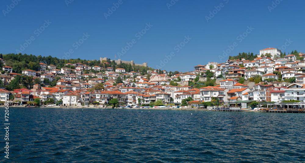 View of Ohrid old town and old fortress from a boat.