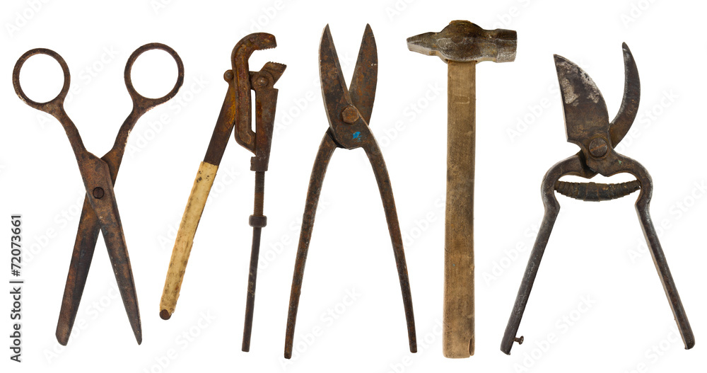 Old isolated tools:adjustable wrench, hammer, scissors, scissors Old isolated tools:adjustable wrench, hammer, scissors, scissors