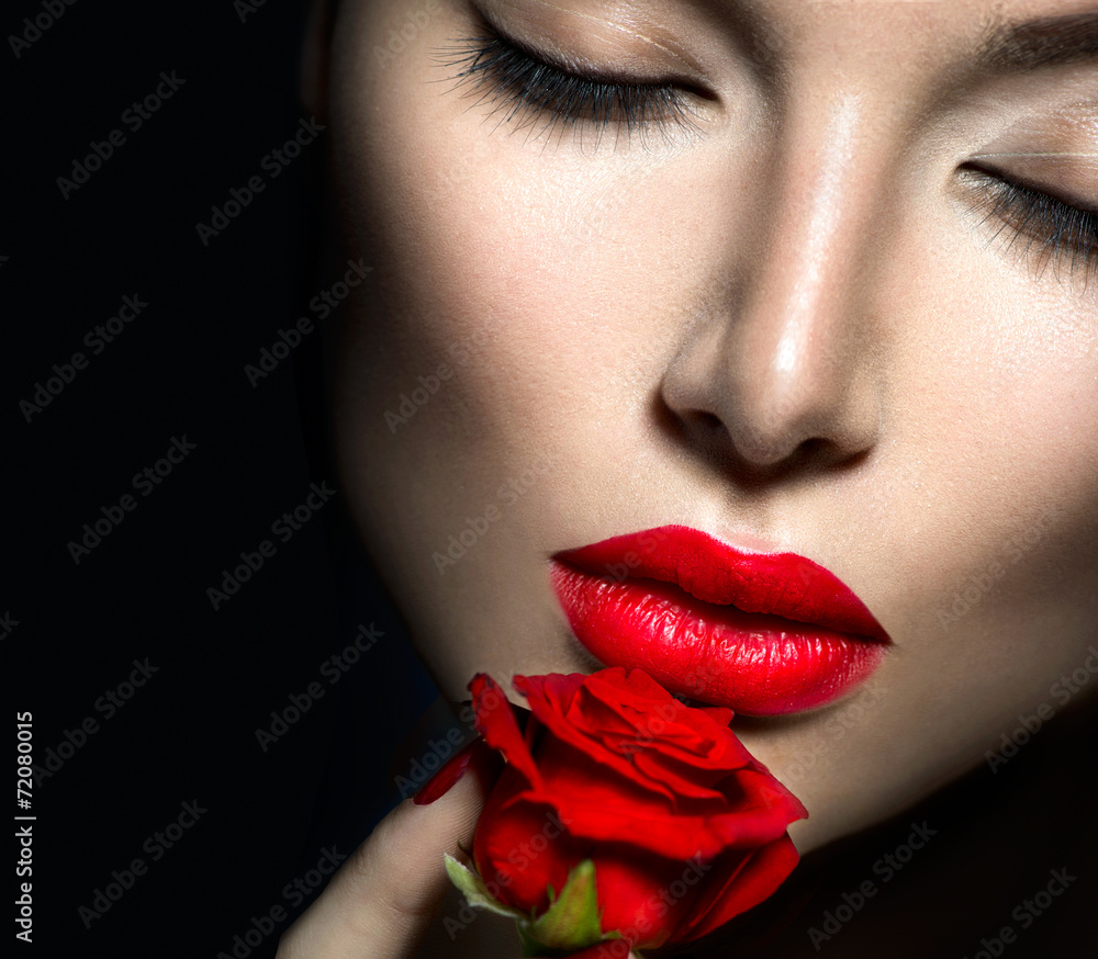 Beautiful sexy woman with red lips, nails and rose flower - obrazy, fototapety, plakaty 