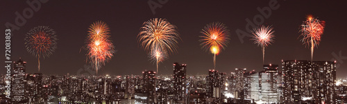 Fireworks celebrating over Tokyo cityscape at night, Japan © geargodz