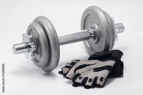 dumbbell and workout gloves
