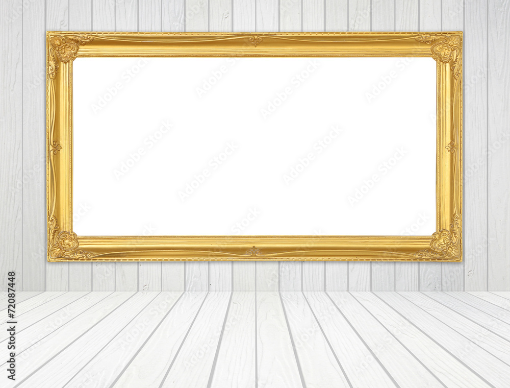 golden frame in room with white wood wall and wood floor backgro golden frame in room with white wood wall and wood floor backgro