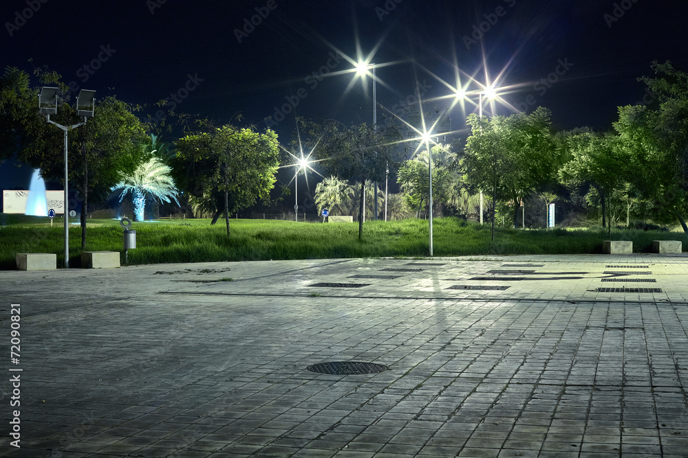 Street at night in the new town with light and trees - obrazy, fototapety, plakaty 