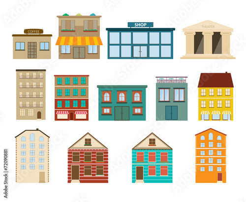 Town and suburban buildings icons on white background