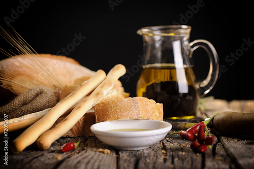 Italian food appetizer of bread olive oil and balsamic vinegar