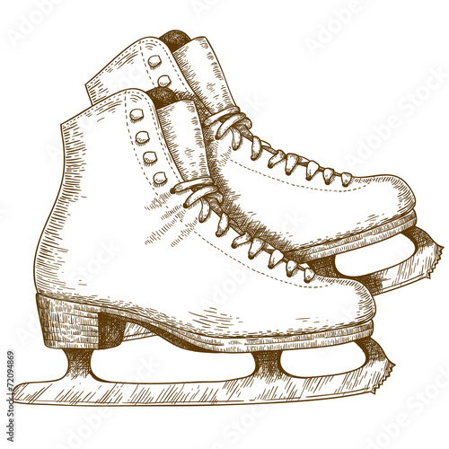 Engraving illustration of ice skating shoes and blades