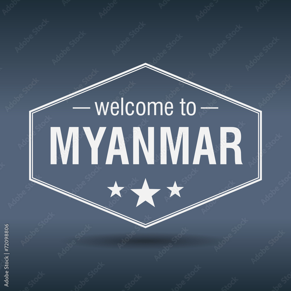 welcome to Myanmar hexagonal white vintage label