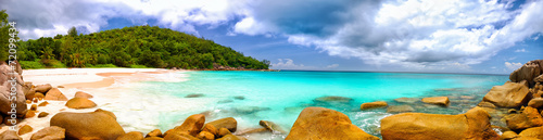Anse Georgette beach panorama in Praslin Island, Seychelles #72099434