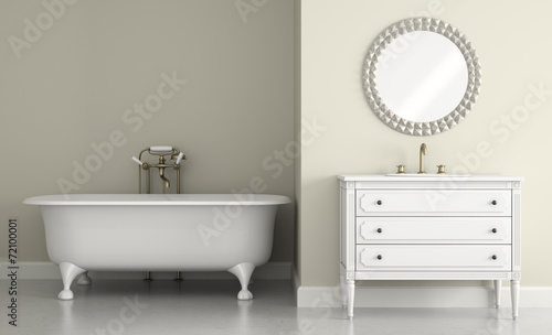 Interior of classic bathroom with round mirror 3D rendering