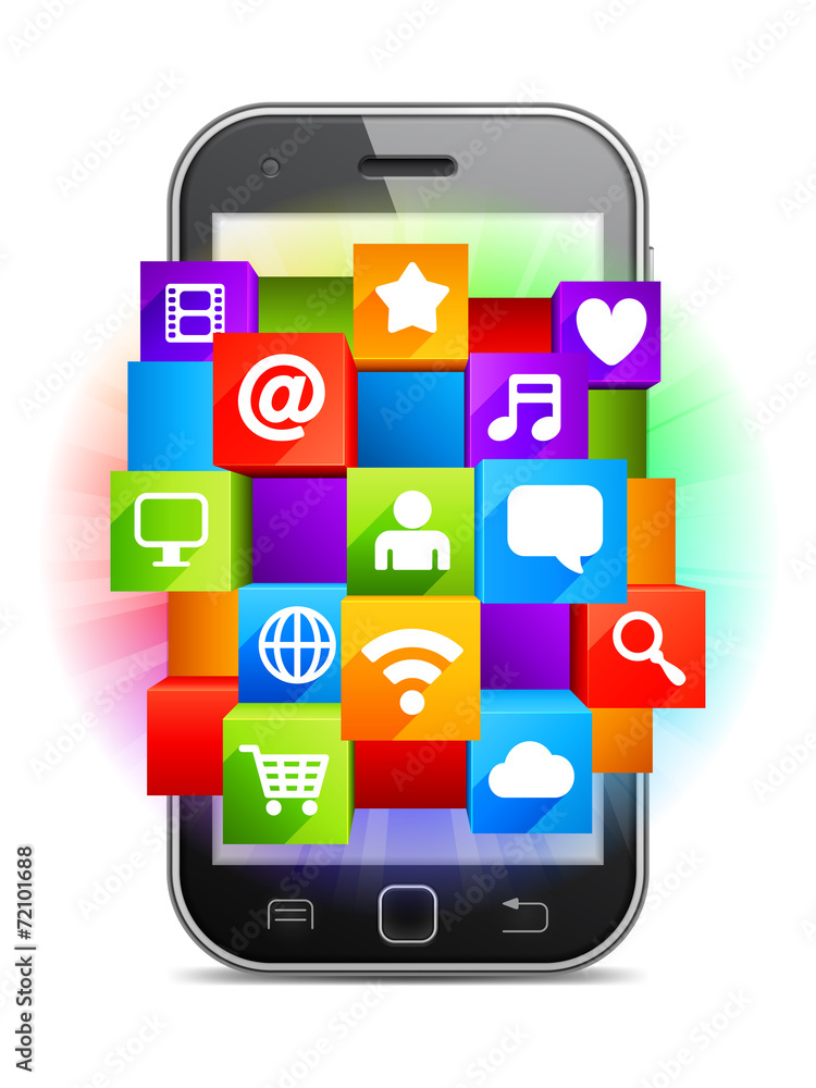 Mobile phone and shiny media symbols. Mobile phone and shiny media symbols.