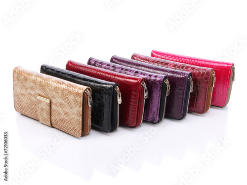Women's leather wallets on a white background