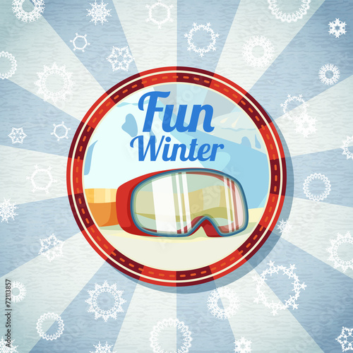 Badge with snowboarders or skiers goggles, -Fun Winter- slogan.