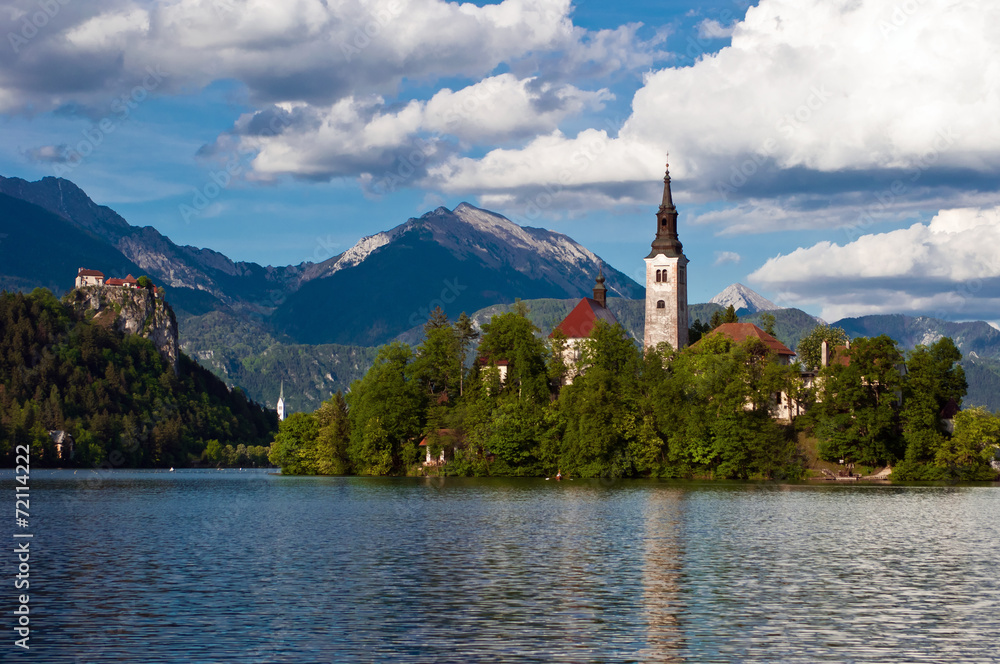 Church of Bled with mountains in background, Slovenia, Europe
