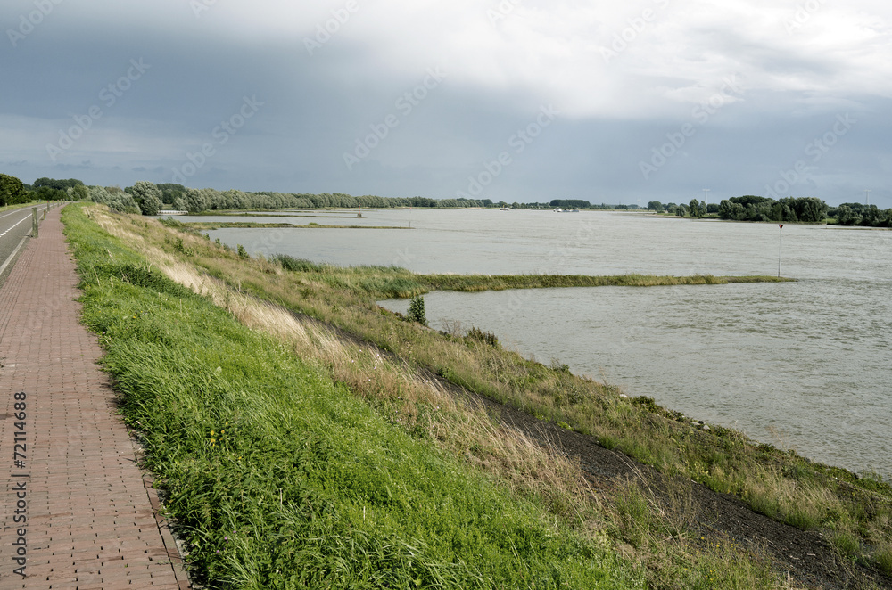 Dike along The Waal at Opijnen in The Netherlands.
