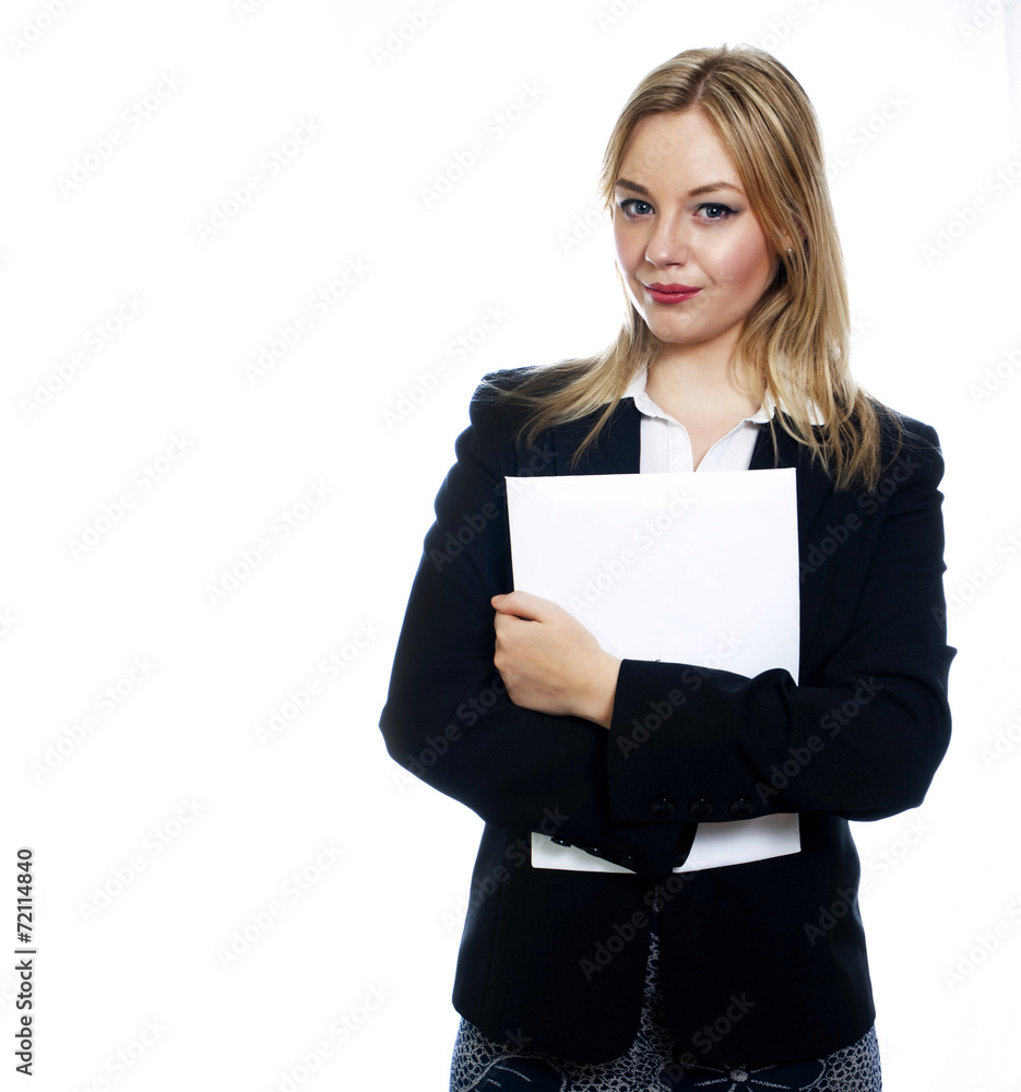 Young business woman on white background holding white folder Young business woman on white background holding white folder