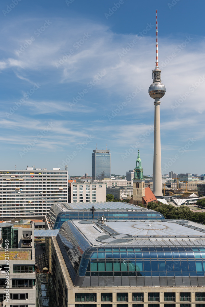 Aerial view of Berlin with modern office buildings and TV tower