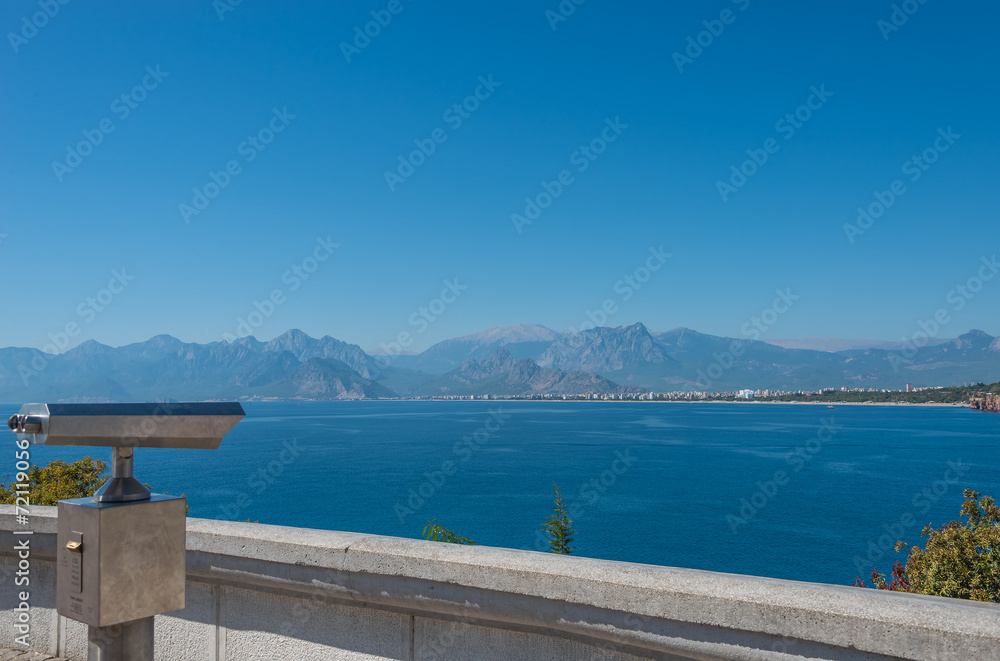 View of Antalya, Mediterranean sea and sightseeing telescope, Tu