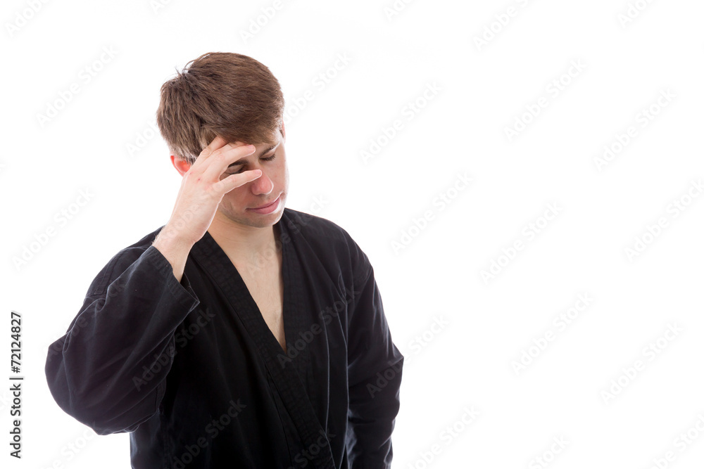 model isolated on plain background confused headache model isolated on plain background confused headache