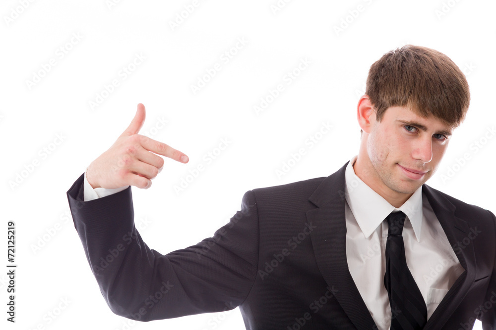 model isolated on plain background pointing to herself model isolated on plain background pointing to herself