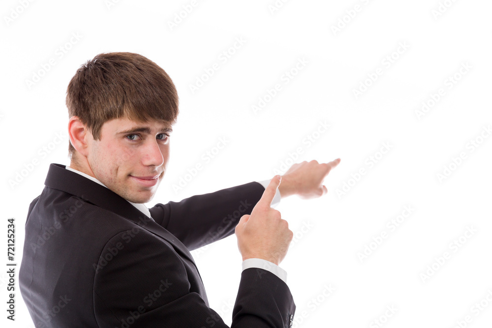 model isolated on plain background looking at camera pointing model isolated on plain background looking at camera pointing
