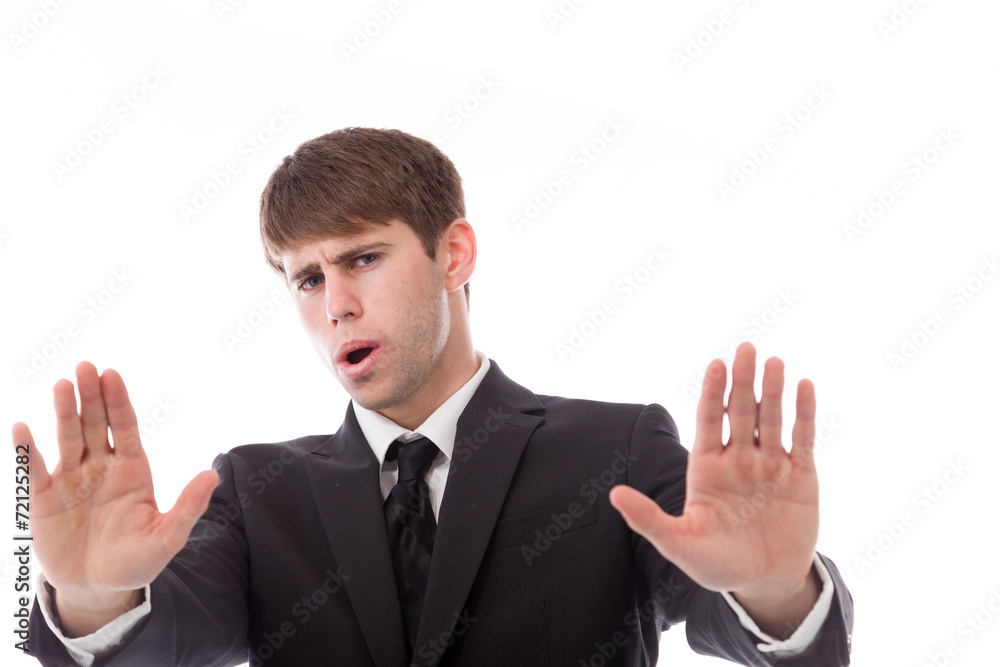 model isolated on plain background stop sign with hands model isolated on plain background stop sign with hands