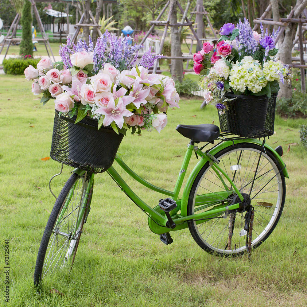 Green bicycle and flowers in park