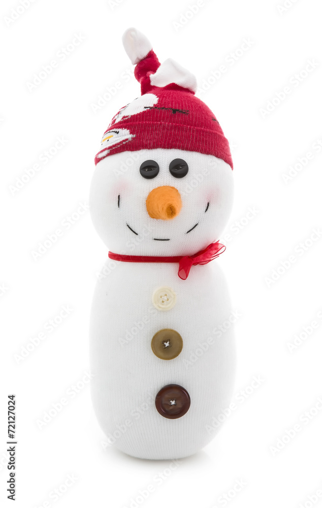 Hand Made Snowman wth Blue Hat on a White Background
