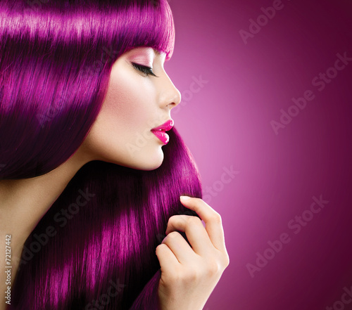 Beauty woman with perfect makeup and coloring Purple hair