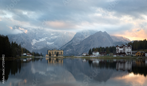 Reflection at Lago Misurina at dawn, Dolomites, Italian Alps