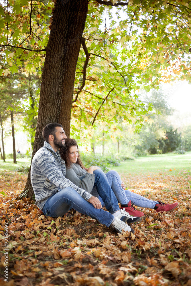 smiling couple in love in autumn in park smiling couple in love in autumn in park