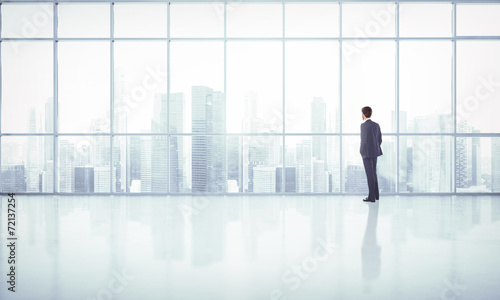 Businessman looking at megalopolis through window