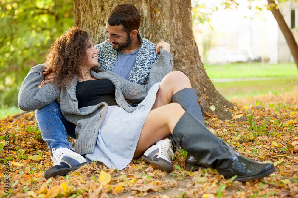 smiling couple in love in autumn in park smiling couple in love in autumn in park