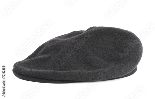 Black woven beret flat-crowned hat isolated photo