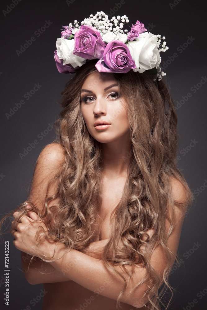 Beautiful Flower Woman. Long Healthy Hair.