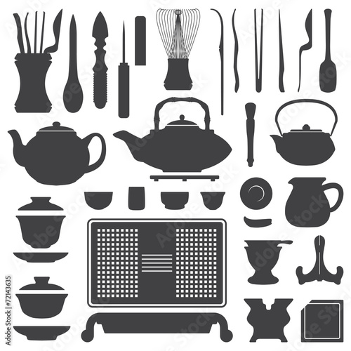 vector tea ceremony tools and equipment silhouette set