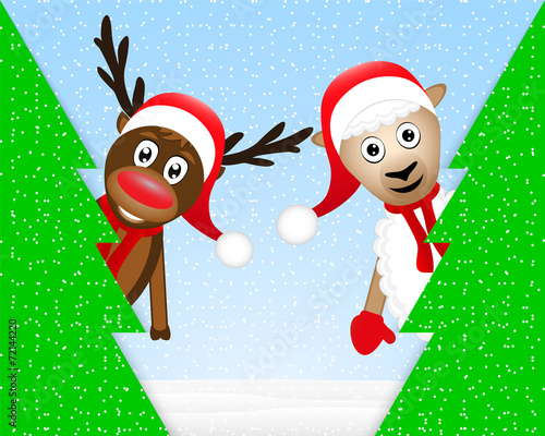 reindeer and sheep in the Christmas forest