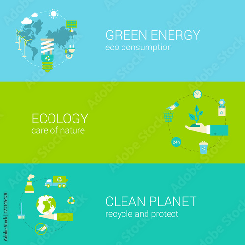 Fototapeta Naklejka Na Ścianę i Meble -  Green energy ecology eco clean planet flat web banners set