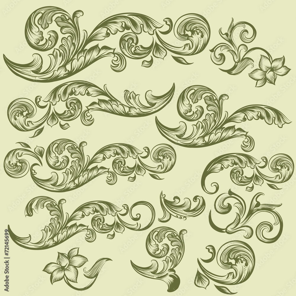 Collection of vector hand drawn swirls in vintage style