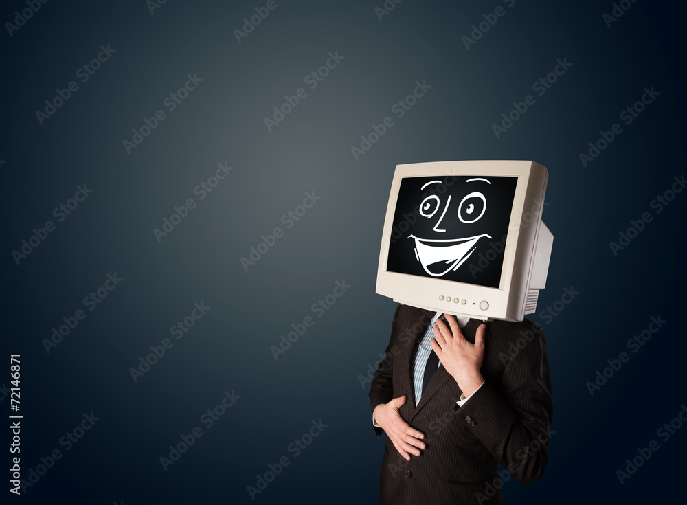 Happy businessman with a PC monitor head and a smiley face Happy businessman with a PC monitor head and a smiley face
